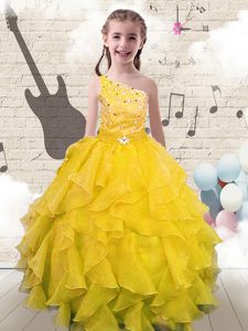One Shoulder Sleeveless Organza Kids Formal Wear Beading and Ruffles Lace Up