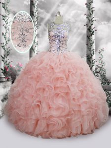 Organza Scoop Sleeveless Lace Up Beading and Ruffles Vestidos de Quinceanera in Baby Pink