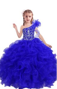 Lovely Floor Length Royal Blue Child Pageant Dress One Shoulder Sleeveless Lace Up