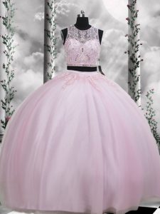 Wonderful Scoop Sleeveless Sweet 16 Dresses Floor Length Beading and Appliques Baby Pink Tulle