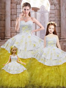 Fashion Organza Sweetheart Sleeveless Lace Up Beading and Appliques and Ruffles Vestidos de Quinceanera in Yellow And White