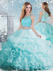 Fitting Organza Scoop Sleeveless Clasp Handle Beading and Ruffles and Pick Ups Quince Ball Gowns in Aqua Blue