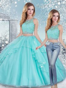 Adorable Aqua Blue Two Pieces Tulle Scoop Sleeveless Beading and Lace and Sashes ribbons Floor Length Clasp Handle Quinceanera Dress