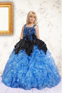 Blue Ball Gowns Organza Straps Sleeveless Beading and Pick Ups Floor Length Lace Up Little Girls Pageant Gowns