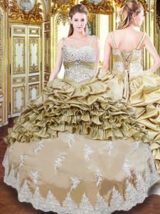 Free and Easy Sleeveless Taffeta Floor Length Lace Up Quinceanera Gowns in Champagne with Beading and Appliques and Ruffled Layers and Pick Ups