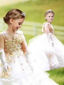 White Sleeveless Brush Train Ruffled Layers and Hand Made Flower Girls Pageant Dresses