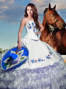 Long Sleeves Taffeta Floor Length Lace Up Sweet 16 Quinceanera Dress in White with Embroidery and Ruffled Layers