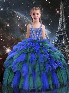 Charming Blue Lace Up Little Girls Pageant Dress Wholesale Beading and Ruffles Sleeveless Floor Length