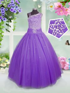 Lavender Asymmetric Side Zipper Beading Little Girls Pageant Dress Sleeveless