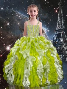 Sleeveless Beading and Ruffles Lace Up Girls Pageant Dresses with Olive Green