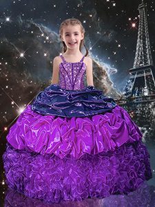 Luxurious Pick Ups Floor Length Ball Gowns Sleeveless Eggplant Purple Kids Pageant Dress Lace Up