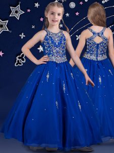 Royal Blue Scoop Zipper Beading Little Girl Pageant Gowns Sleeveless