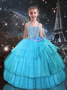 Superior Aqua Blue Organza Lace Up Child Pageant Dress Sleeveless Floor Length Beading and Ruffled Layers