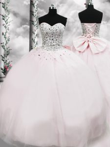 Tulle Sweetheart Sleeveless Brush Train Lace Up Beading and Bowknot 15th Birthday Dress in Pink