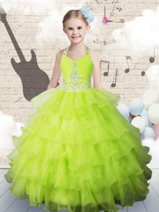 Sleeveless Organza Floor Length Lace Up Little Girl Pageant Gowns in Apple Green with Beading and Ruffled Layers