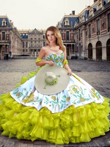 Stunning Sweetheart Sleeveless Vestidos de Quinceanera Floor Length Embroidery and Ruffled Layers Yellow Green Organza and Taffeta