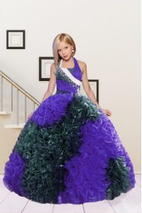 Most Popular Dark Green and Eggplant Purple Ball Gowns Fabric With Rolling Flowers Halter Top Sleeveless Beading and Ruffles Floor Length Lace Up Girls Pageant Dresses