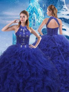 Blue Ball Gowns Beading and Ruffles Quinceanera Dress Lace Up Organza Sleeveless