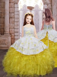 Gold Ball Gowns Organza Spaghetti Straps Sleeveless Embroidery and Ruffles Lace Up Pageant Gowns For Girls Brush Train