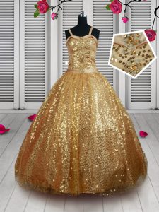Nice Straps Gold Sleeveless Beading and Sequins Floor Length Little Girls Pageant Dress