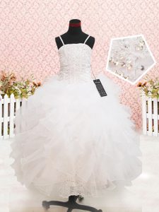 Super White Ball Gowns Beading and Lace and Ruffles Little Girls Pageant Gowns Zipper Organza Sleeveless Floor Length