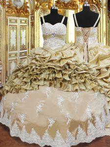 Graceful Champagne Taffeta Lace Up Sweet 16 Quinceanera Dress Sleeveless Floor Length Beading and Appliques and Ruffled Layers and Pick Ups