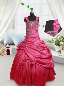 Fantastic Straps Hot Pink Lace Up Kids Pageant Dress Beading and Appliques and Pick Ups Sleeveless Floor Length
