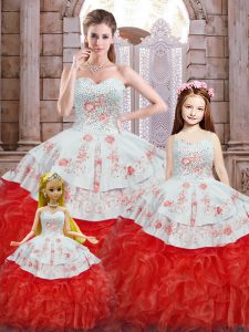 Beading and Appliques and Ruffles Vestidos de Quinceanera White And Red Lace Up Sleeveless Floor Length