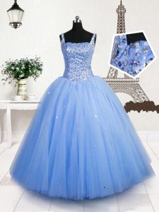Floor Length Baby Blue Pageant Gowns For Girls Tulle Sleeveless Beading and Sequins