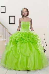High Quality Sleeveless Floor Length Beading and Pick Ups Lace Up Child Pageant Dress with Yellow Green