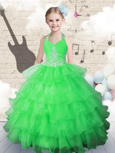 Halter Top Organza Sleeveless Floor Length Little Girls Pageant Dress Wholesale and Beading and Ruffled Layers