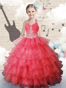Ruffled Ball Gowns Girls Pageant Dresses Coral Red Halter Top Organza Sleeveless Floor Length Lace Up