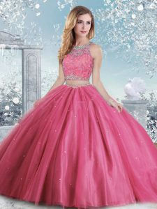 Ideal Sleeveless Floor Length Beading and Sequins Clasp Handle Sweet 16 Dresses with Hot Pink