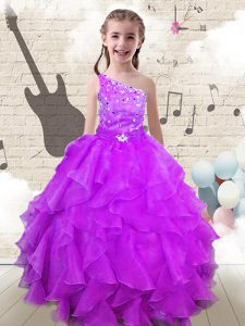 One Shoulder Sleeveless Organza Floor Length Lace Up Little Girls Pageant Dress Wholesale in Fuchsia with Beading and Ruffles