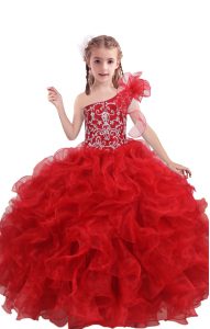 Fancy Organza One Shoulder Sleeveless Lace Up Beading and Ruffles Little Girls Pageant Dress Wholesale in Red