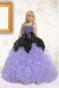 Trendy Lavender Organza Lace Up Straps Sleeveless Floor Length Little Girls Pageant Dress Beading and Pick Ups