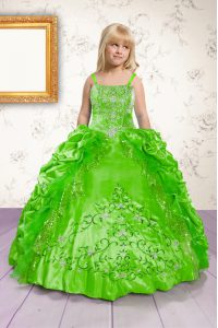Pick Ups Floor Length Green Pageant Gowns For Girls Spaghetti Straps Sleeveless Lace Up