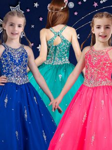 Scoop Beading Little Girl Pageant Dress Hot Pink and Royal Blue Zipper Sleeveless Floor Length