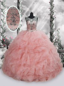 Sleeveless Organza Floor Length Lace Up Sweet 16 Quinceanera Dress in Baby Pink with Beading and Ruffles