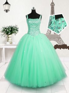 Sequins Straps Sleeveless Lace Up Girls Pageant Dresses Turquoise Tulle