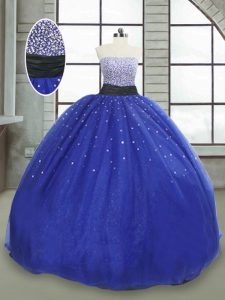 Sleeveless Floor Length Beading and Sequins Lace Up Sweet 16 Dress with Royal Blue