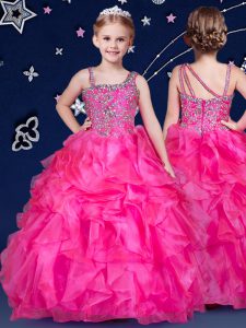 Floor Length Hot Pink Girls Pageant Dresses Asymmetric Sleeveless Zipper