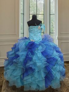 Blue Strapless Neckline Beading and Ruffles Child Pageant Dress Sleeveless Lace Up