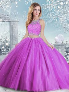 Lilac Tulle Clasp Handle Quinceanera Gowns Sleeveless Floor Length Beading and Sequins