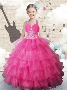 Halter Top Sleeveless Organza Little Girl Pageant Dress Beading and Ruffled Layers Lace Up