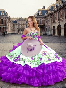 Flirting Eggplant Purple Ball Gowns Embroidery and Ruffled Layers Sweet 16 Dresses Lace Up Organza Sleeveless Floor Length