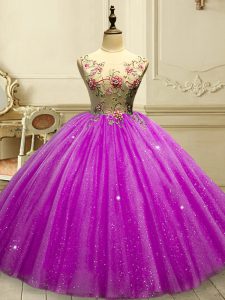 Appliques and Sequins 15th Birthday Dress Fuchsia Lace Up Sleeveless Floor Length