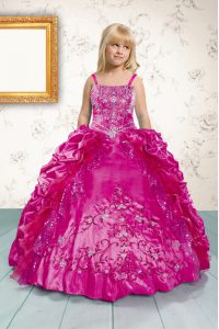 Hot Pink Lace Up Little Girls Pageant Dress Wholesale Beading and Appliques and Pick Ups Sleeveless Floor Length