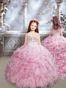 Baby Pink Sleeveless Brush Train Beading and Ruffles Child Pageant Dress