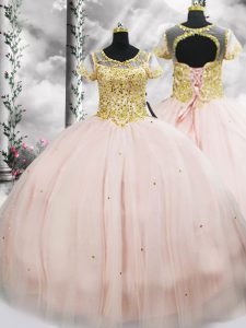 Glorious Floor Length Pink 15th Birthday Dress Scoop Short Sleeves Lace Up